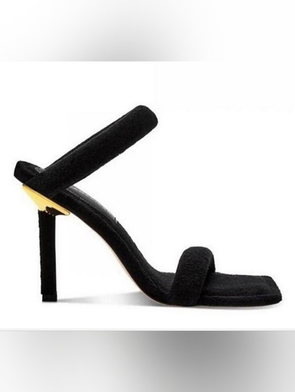 Good American Black Strappy High-Heel Terry Sandal with Gold Accent Square Toe